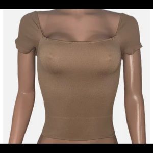Sexy Mocha Beige Seamless Stretch Square Neck Cropped Ribbed Fitted Tank Top New